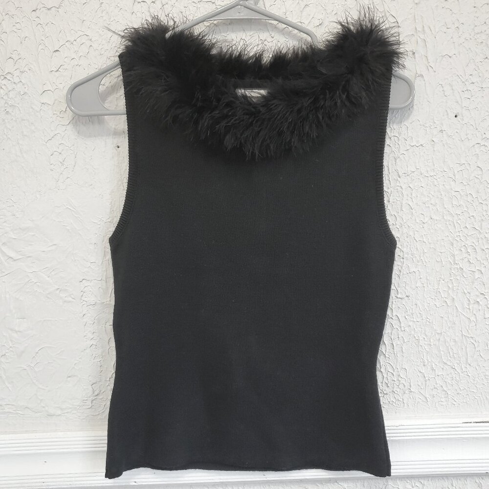 The Great American Sweater Sleeveless Top with Marabou Trim, Black, Fits size 4